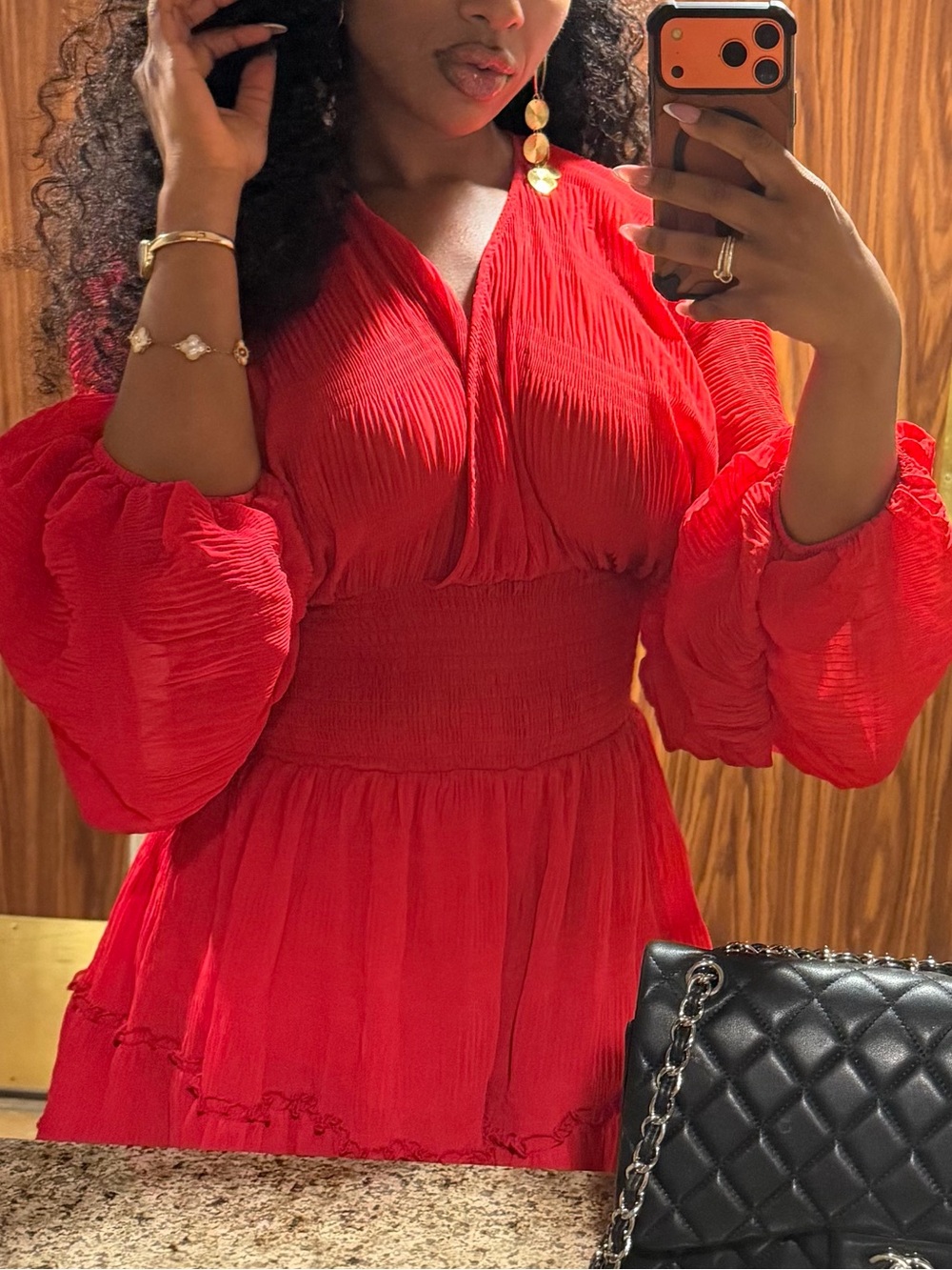 AKIRA Red Smocked Waist Puff Sleeve Midi Romper